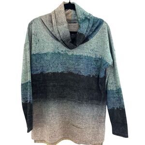 David Cline Women's Hacci Cowl Neck Long Sleeve Artsy Sweater Teal Black Medium